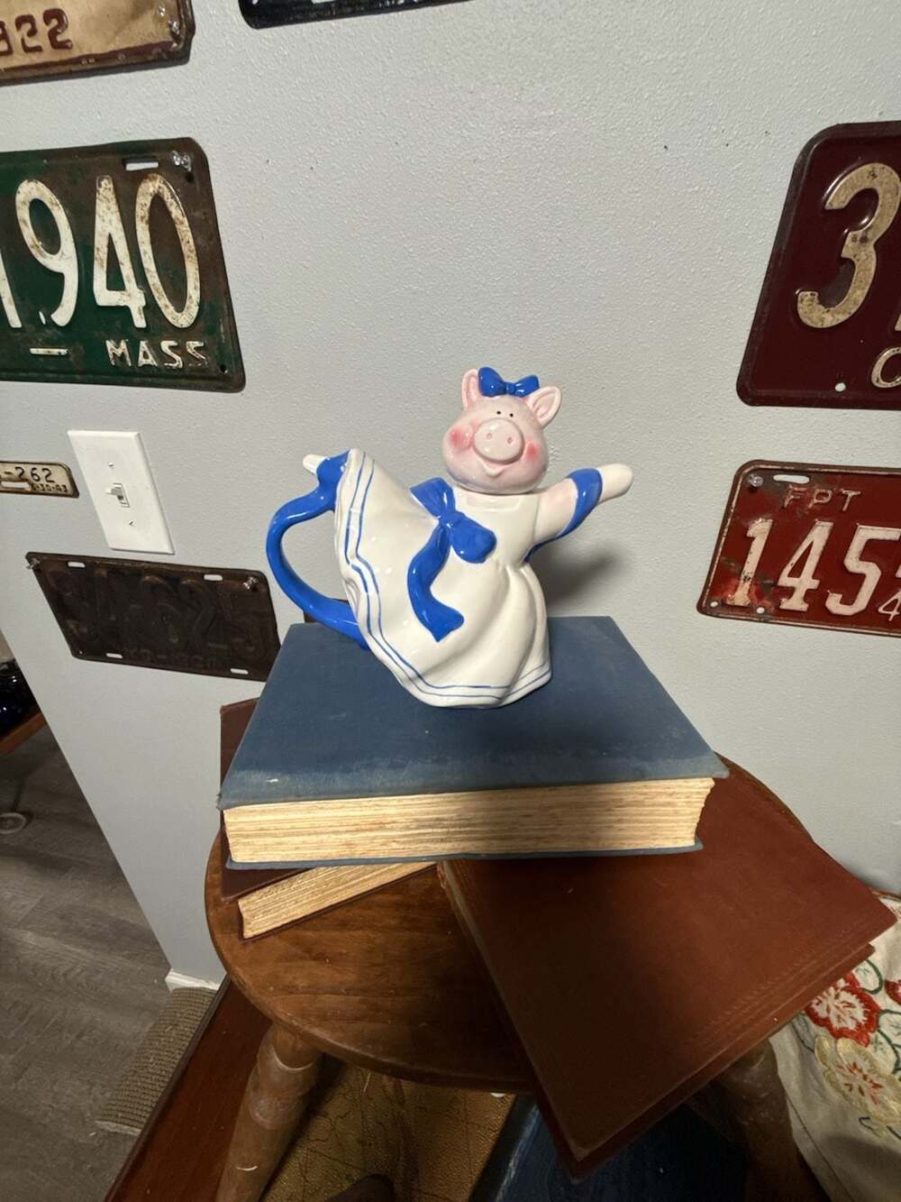 Vintage Ceramic Pig Maid Teapot Blue And White